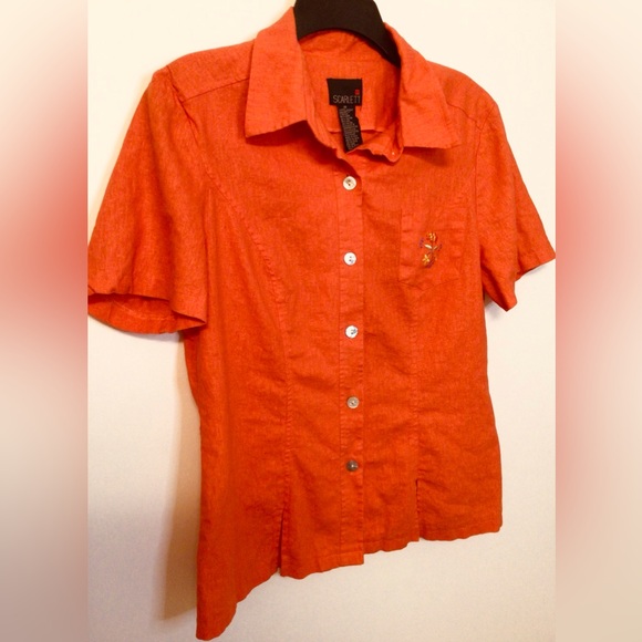 Vintage Scarlett orange linen rayon button down blouse size 14 - Picture 2 of 5